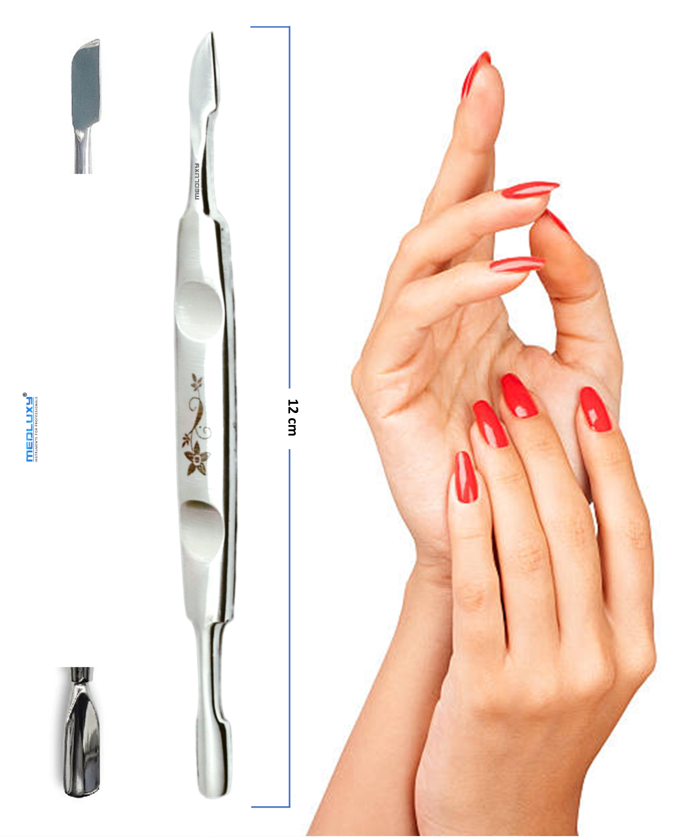 Medluxy Pro - Cuticle Pusher & Cleaner - 12 cm - Flower Design - MP0007 (Cuticle Pusher & Cleaner, Cuticle Pusher with Cuticle Remover)